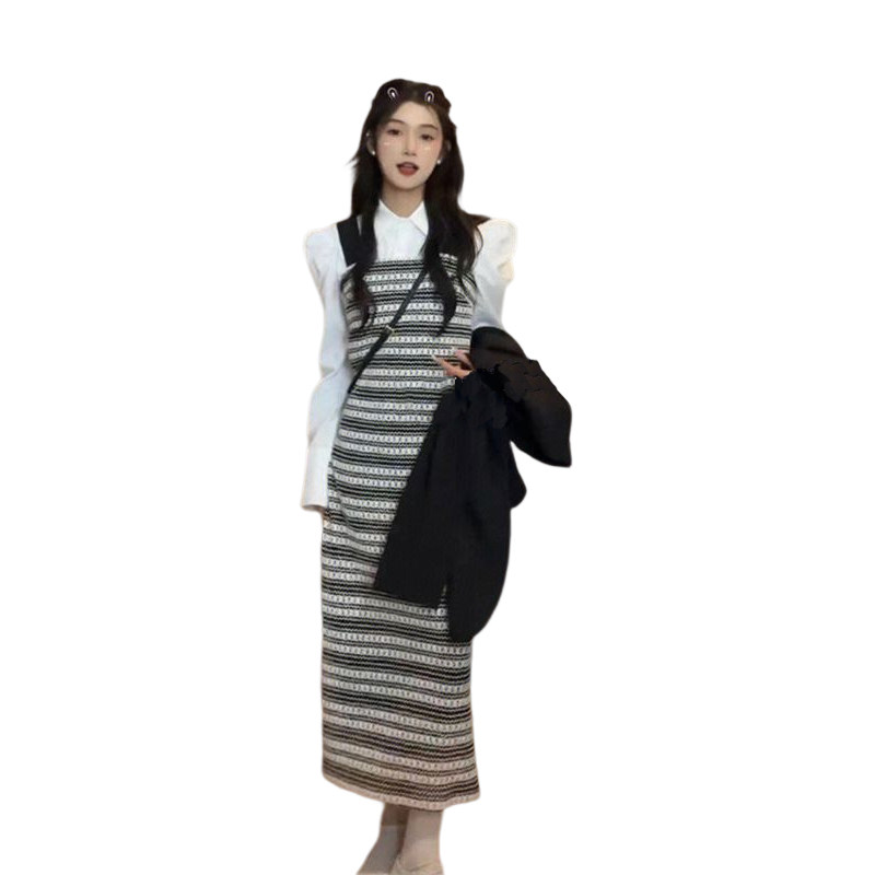 FRENCH GENTLE STYLE BLACK AND WHITE STRIPED SLEEVELESS SLIP DRESS WOMENS SLIM SLIM TEMPERAMENT SLIT VEST LONG SKIRT