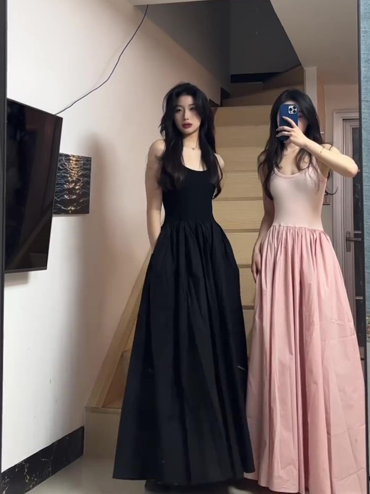 FRENCH SEXY BABES PATCHWORK VEST DRESS WOMENS SUMMER WAIST THIN WAIST THIN HIGH-END CASUAL TEMPERAMENT LONG SKIRT