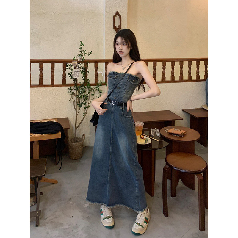 RETRO SENSE OF LUXURY SMALL MAN TASSEL RAW EDGE DENIM DRESS WOMENS SUMMER WAIST CINCHED THIN BANDEAU A-LINE LONG SKIRT