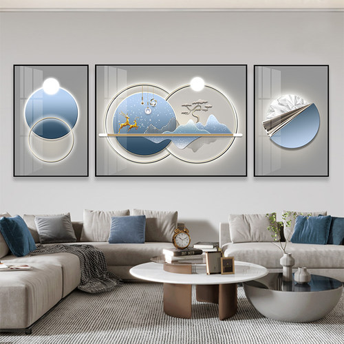 自粘画背景墙带框沙发有福禄新款装饰几何轻奢现代3D高档壁画三联