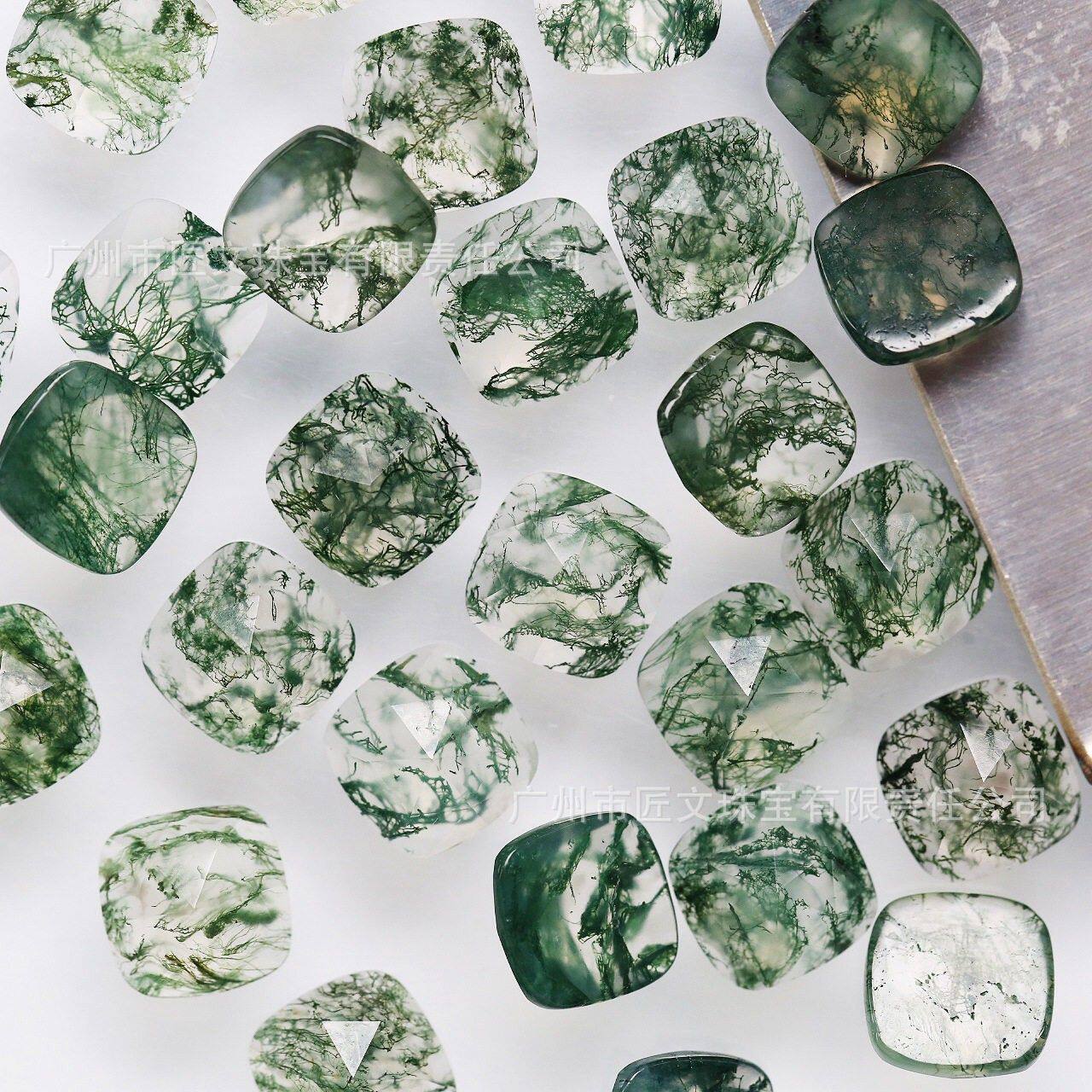 2026天然水草玛瑙戒面苔藓玛瑙裸石方平底玫瑰面10X10 裸石戒面