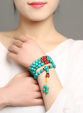 2026天然保真绿松石108颗手錬男女款藏式民族风情侣转运手串送女