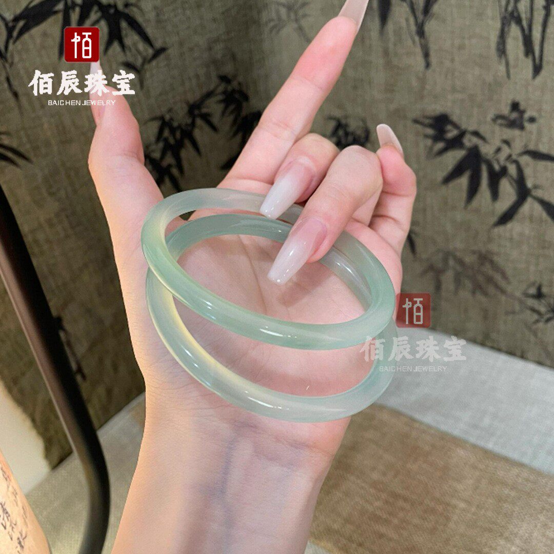 2026冰种油青色天然玉髓手镯青绿翡翠色玛瑙叮当镯远山黛女绿玉手