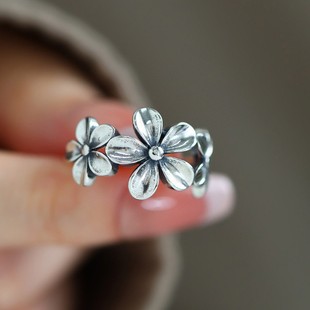 2026千叶泰银复古做旧花朵戒指女新款小众设计感可调节轻奢指环饰