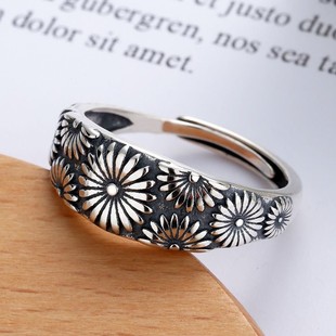 2026千叶泰银女潮时尚百搭向日癸指环个性复古做旧泰银小雏菊开口