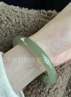 2026天然古青白色湖水绿玉石手镯复古胖圆条天然阿富汗玉手镯中式