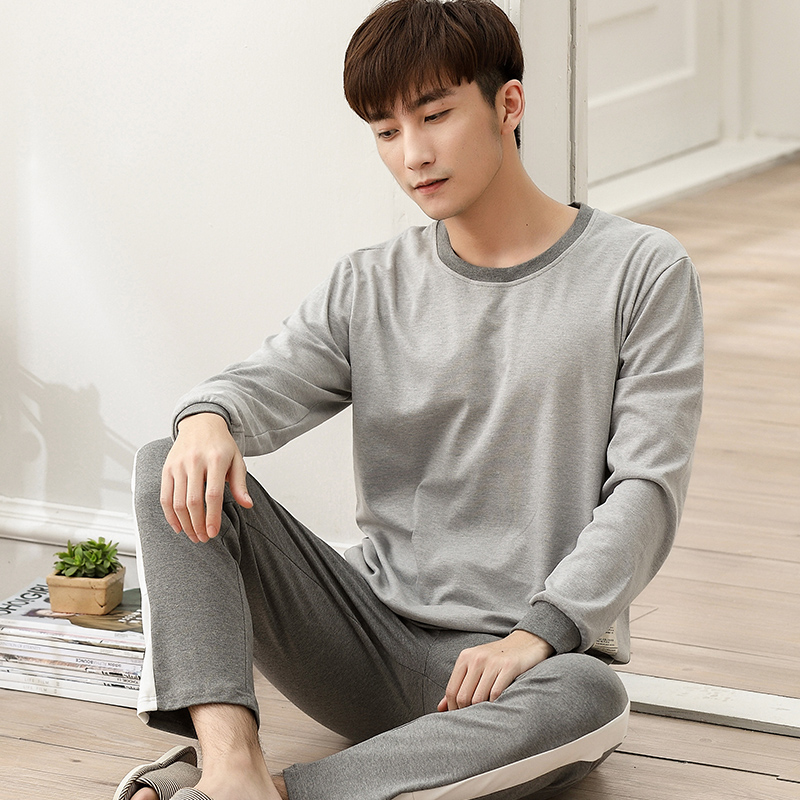 新款睡衣男士春秋季纯棉长袖长裤宽松大码家居服休闲简约拼色套装