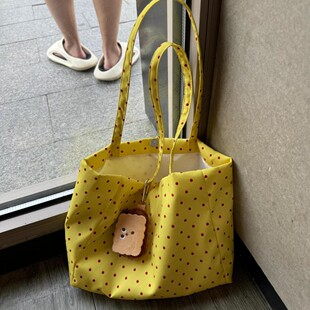 2025新款黄色波点手提上班通勤托特包休闲百搭慵懒春夏单肩