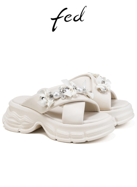 fed时尚沙滩鞋夏季新款女鞋水钻凉拖厚底增高拖鞋女S0407-YAB236