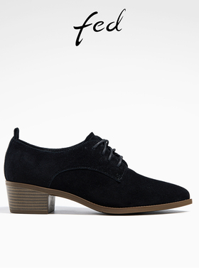 fed中跟真皮深口单鞋冬季新款靴子黑色绒面粗跟裸靴女R1002-ZF905
