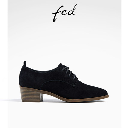 fed中跟真皮深口单鞋冬季新款靴子黑色绒面粗跟裸靴女R1002-ZF905