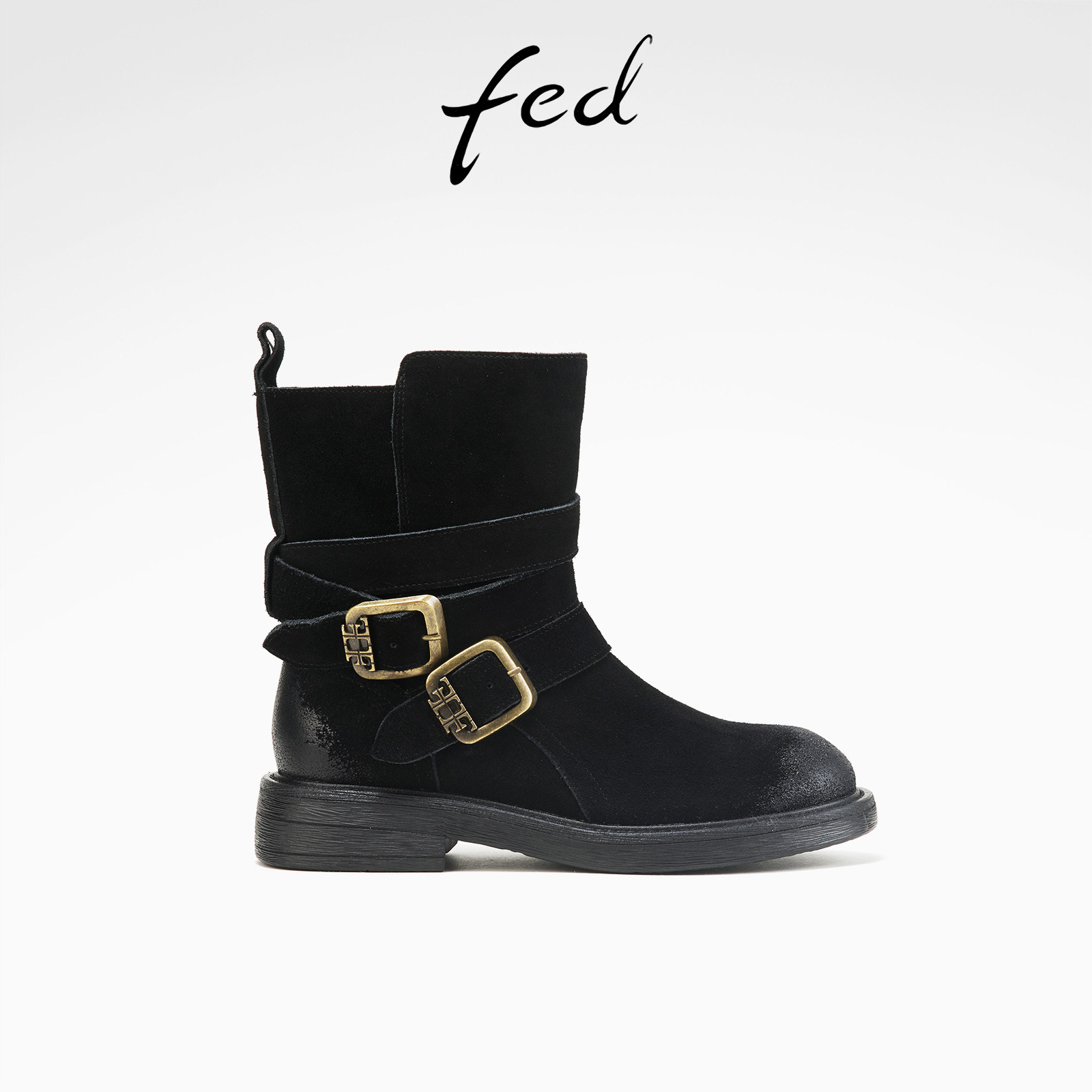 fed做旧磨砂西部牛仔短靴女