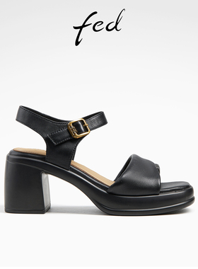 fed一字带通勤凉鞋夏季新款女鞋黑色粗跟罗马凉鞋女款D0509-ZC573