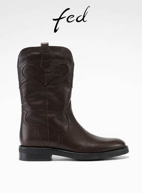 fed英伦风中筒靴冬季新款女靴粗跟骑士靴时尚西部靴S1201-YAB038