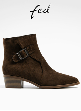 fed真皮短靴女冬季新款靴子切尔西靴粗跟时装靴女款R1007-ZFA900