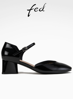fed黑色包头凉鞋春季新款女鞋侧空玛丽珍鞋真皮单鞋女S0222-ZC730