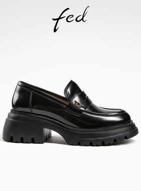fed粗跟乐福鞋秋季新款女鞋黑色小皮鞋软底制服鞋女款D0823-ZC065