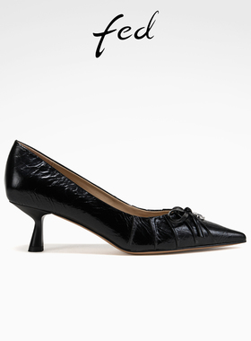 fed褶皱真皮鞋夏季新款女鞋黑色通勤鞋5cm高跟鞋女款S0331-YA711
