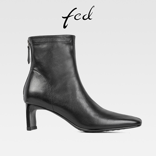 fed法式 后拉链气质方头高跟短靴 复古真皮粗跟通勤瘦瘦靴女秋冬款