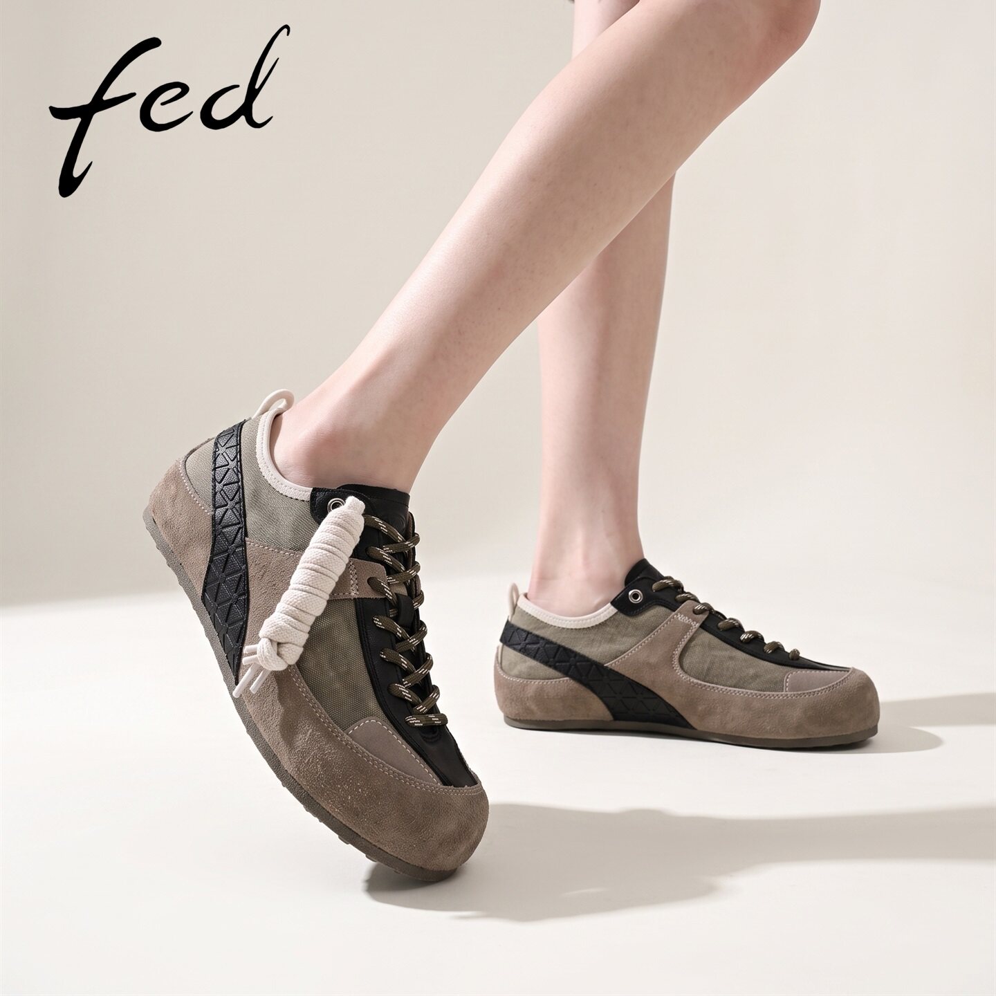 fed系带拼色平底休闲鞋女鞋秋季