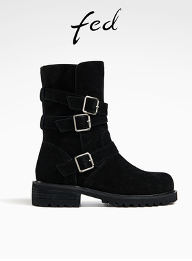 fed厚底中筒靴冬季新款靴子粗跟时装靴真皮瘦瘦靴女款R1102-ZF302