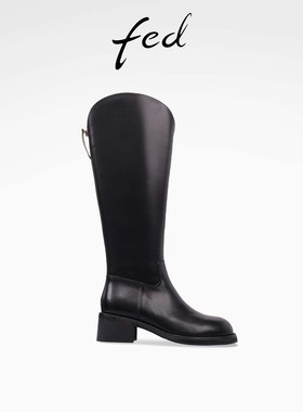 fed粗跟骑士靴冬季新款女靴V口高筒靴真皮长靴女款S0930-DD0138
