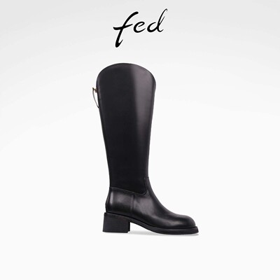 fed粗跟骑士靴冬季新款女靴V口高筒靴真皮长靴女款S0930-DD0138