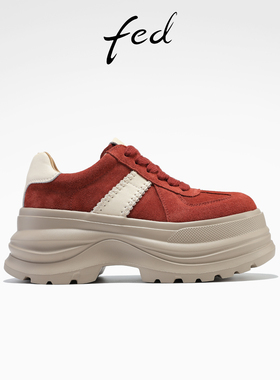 fed红色德训鞋冬季新款女鞋厚底增高鞋拼接休闲鞋女S0911-ZCB355