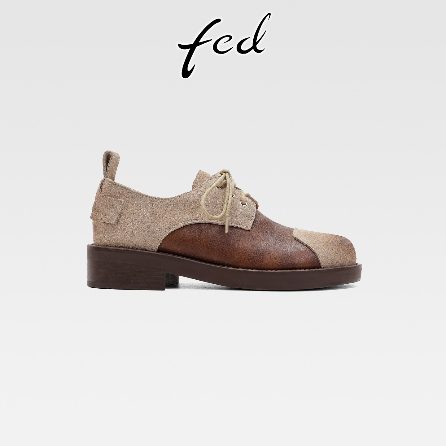 fed复古擦色真皮粗跟拼色系带小皮鞋女春秋新款中跟圆头深口单鞋,女鞋,深口单鞋,淘宝优惠券,粉丝福利购,淘宝优惠卷