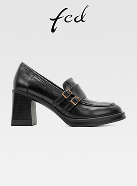 fed英伦风真皮粗跟乐福鞋女皮带扣小皮鞋一脚蹬圆头高跟深口单鞋