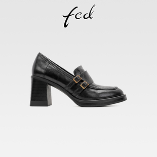 一脚蹬圆头高跟深口单鞋 fed英伦风真皮粗跟乐福鞋 女皮带扣小皮鞋