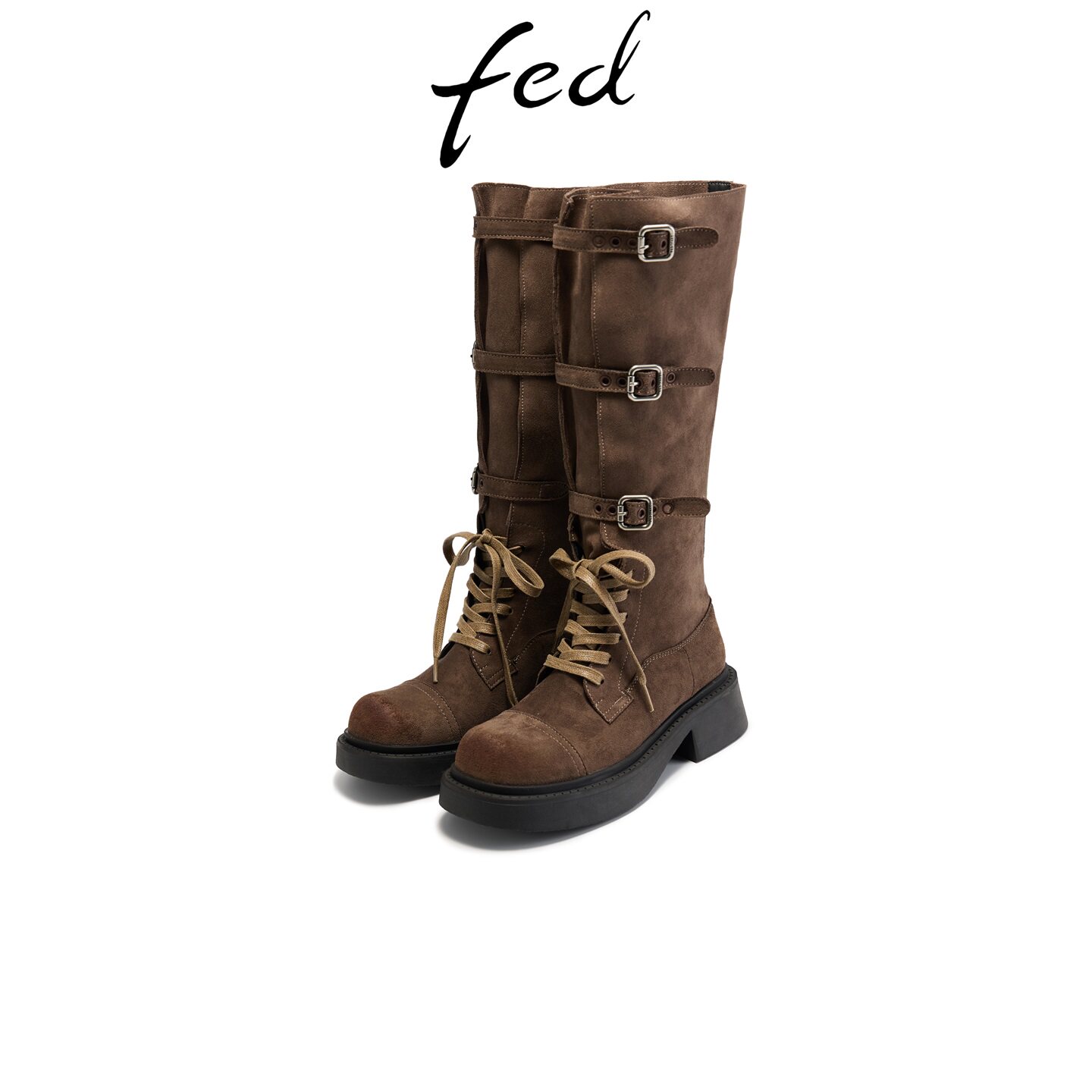 fed咖色镂空厚底高筒马丁靴女