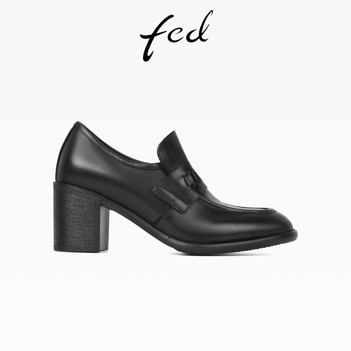 fed黑色深口圆头粗跟编织复古单鞋女英伦风皮鞋高跟一脚蹬乐福鞋