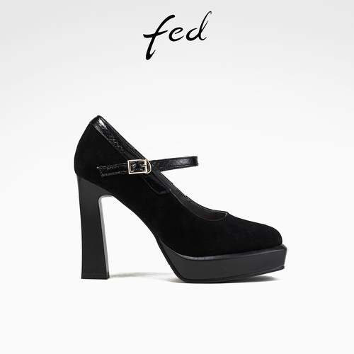 fed黑色玛丽珍鞋春季新款女鞋一字扣高跟鞋粗跟单鞋女S0312-ZF308