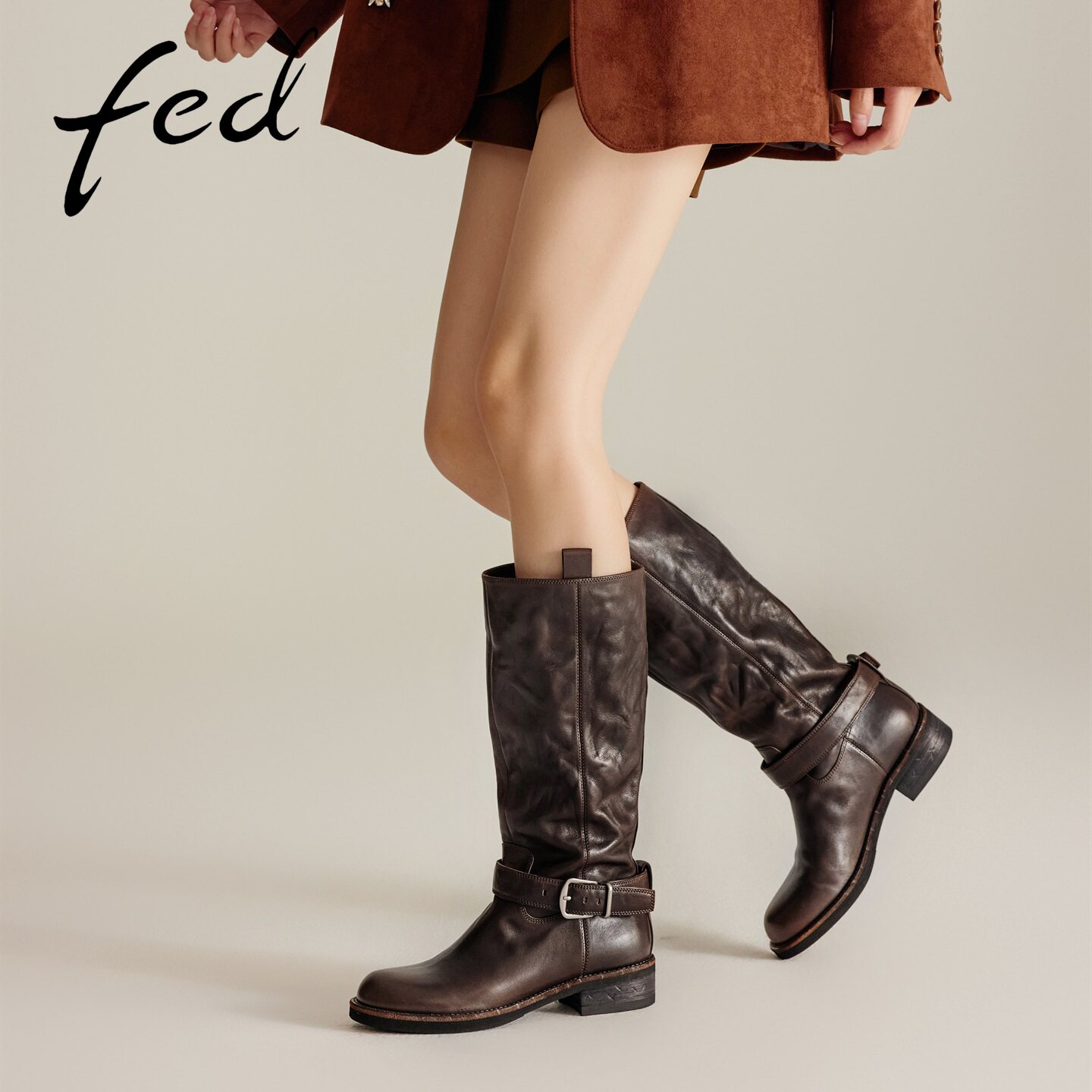 fed深棕水洗西部高筒靴