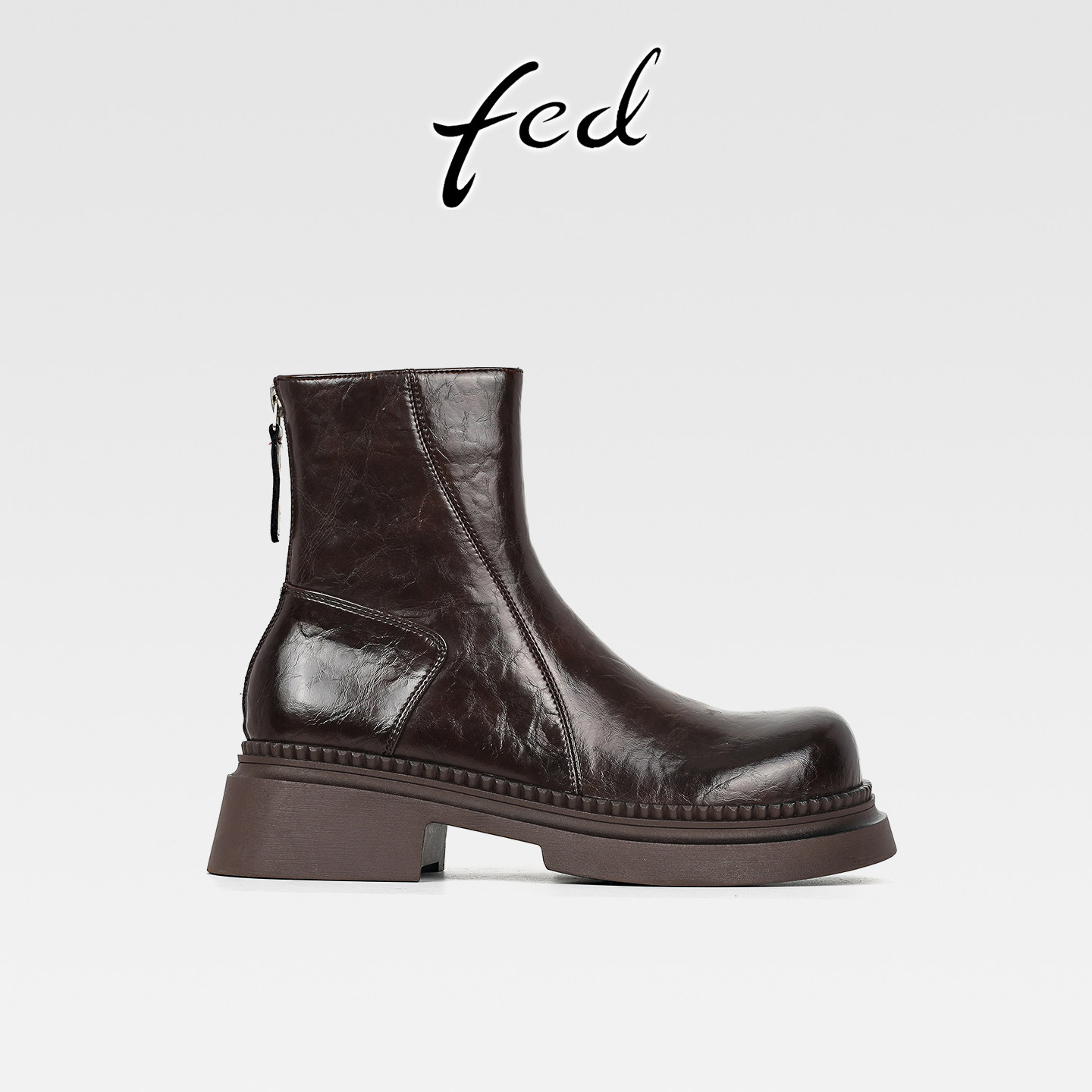fed复古真皮粗跟厚底马丁靴女秋冬新款后拉链中跟圆头瘦瘦小短靴