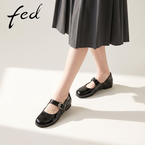 fed皱感皮一字扣女单鞋