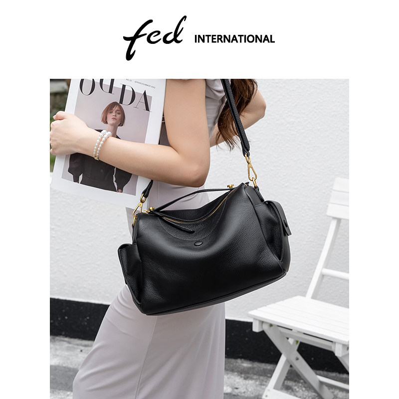 fed头层牛皮真皮女包枕头包波士顿斜挎包单肩包休闲大容量BFA9386