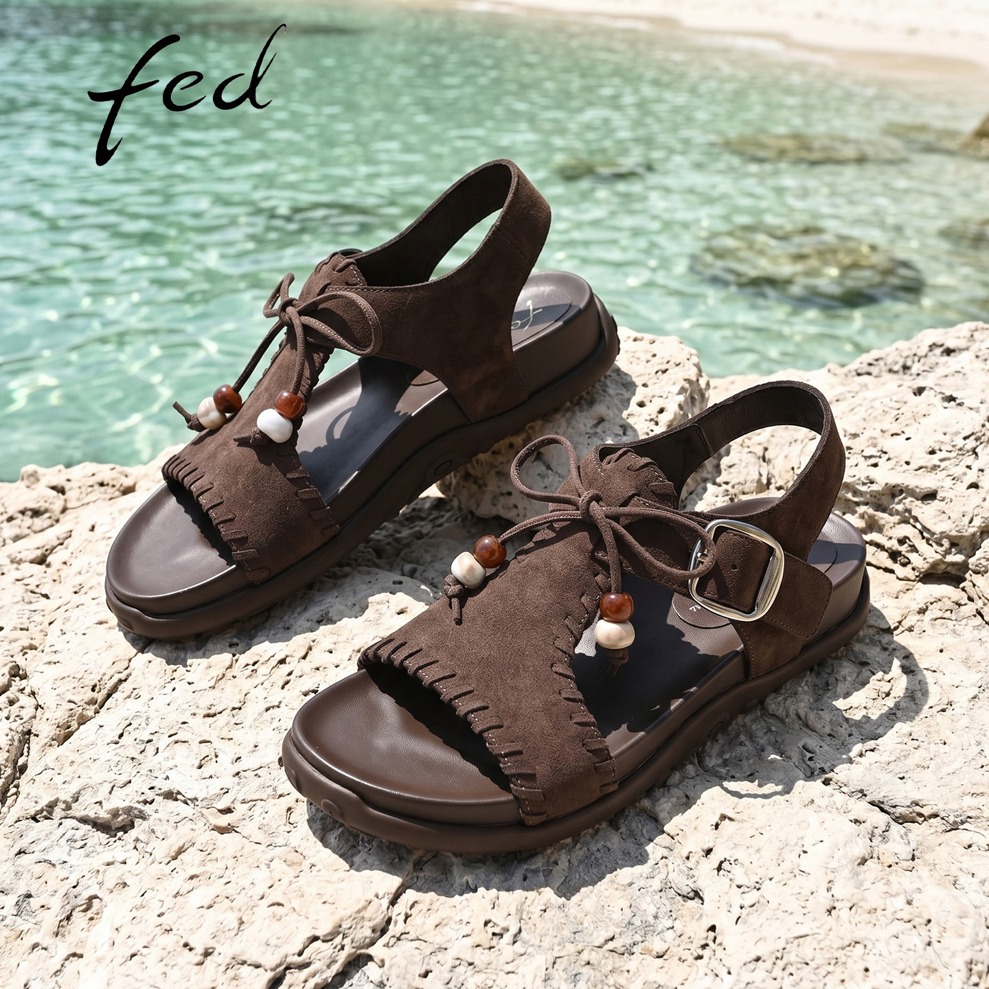 fed真皮复古厚底增高露趾凉鞋