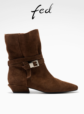 fed复古时装靴冬季新款女靴粗跟西部靴真皮短靴女款S1201-YAB033