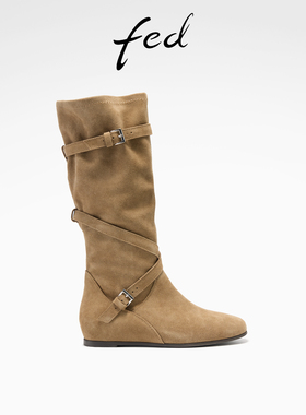 fed绒面西部靴冬季新款女靴交叉扣带长靴堆堆靴女款S1031-ZCA717