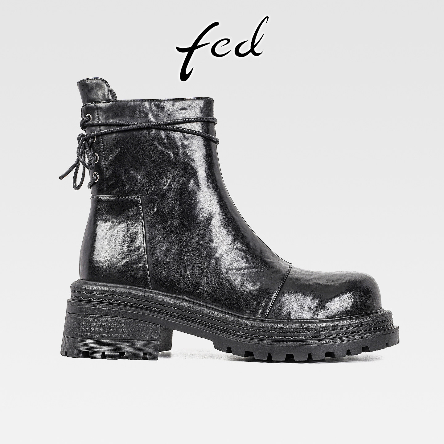 fed英伦风真皮粗跟厚底绑带马丁靴女秋冬款百搭中跟圆头机车短靴