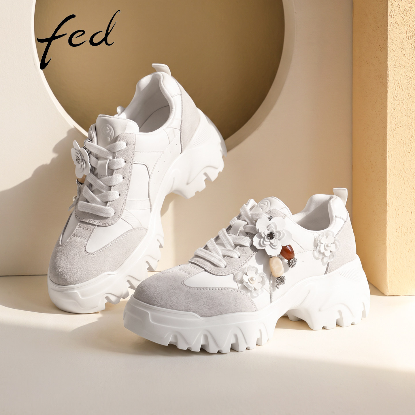 fed真皮绒面厚底增高老爹鞋女