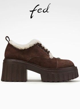 fed粗跟毛毛鞋春季新款女鞋甜辣感绒面小皮鞋保暖鞋女D1206-YA007