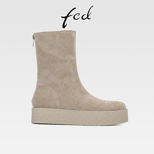 fed小个子增高厚底牛反绒中筒靴女秋冬款 后拉链中跟圆头显瘦短靴