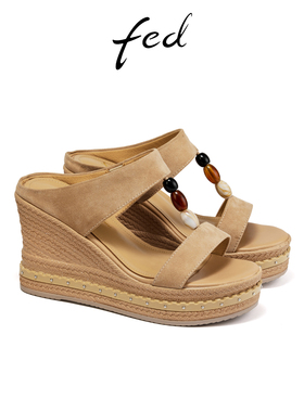 fed坡跟凉拖女夏季新款女鞋增高一字拖外穿拖鞋女款S0602-ZFA323