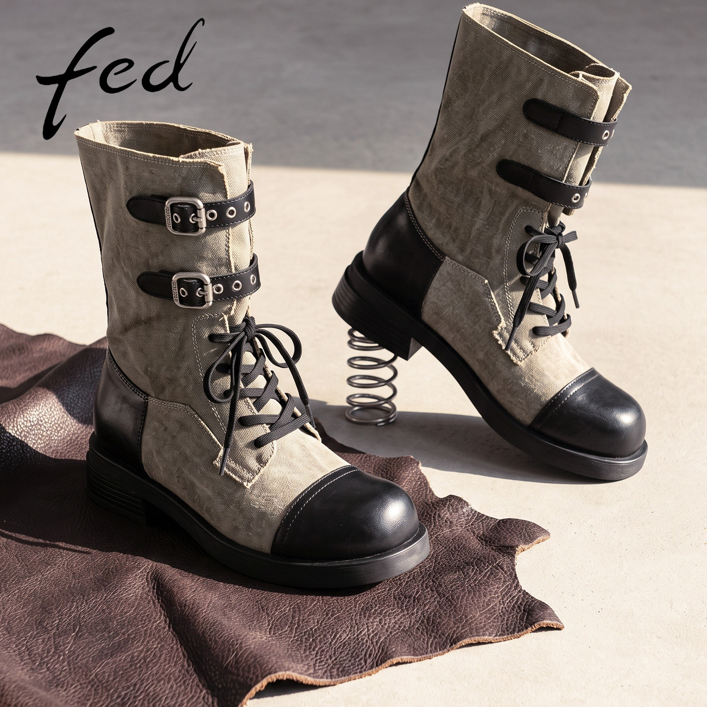 fed帆布拼皮系带粗跟马丁女靴