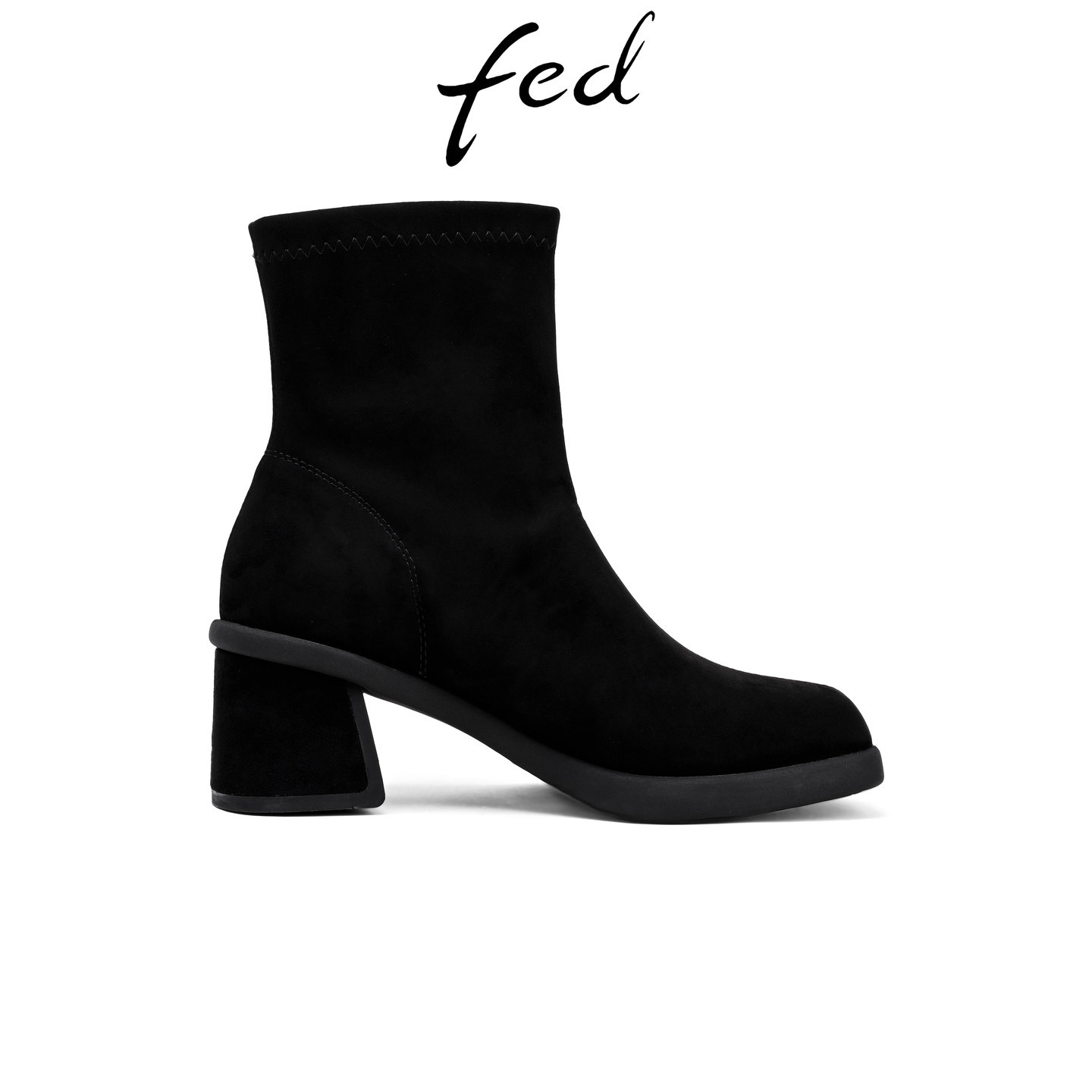 fed黑色绒面弹力短靴女粗跟