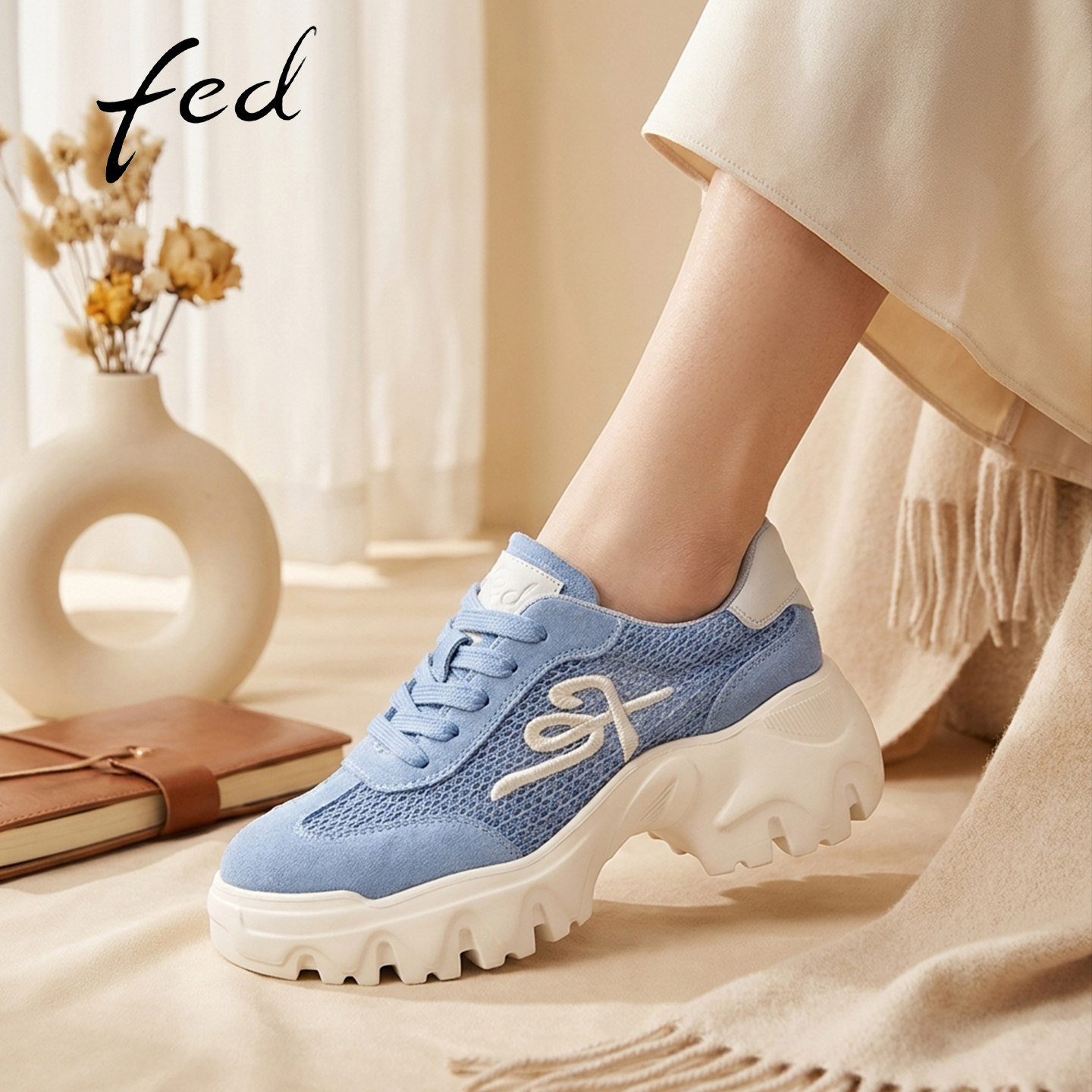 fed厚底网面透气增高德训鞋女图片