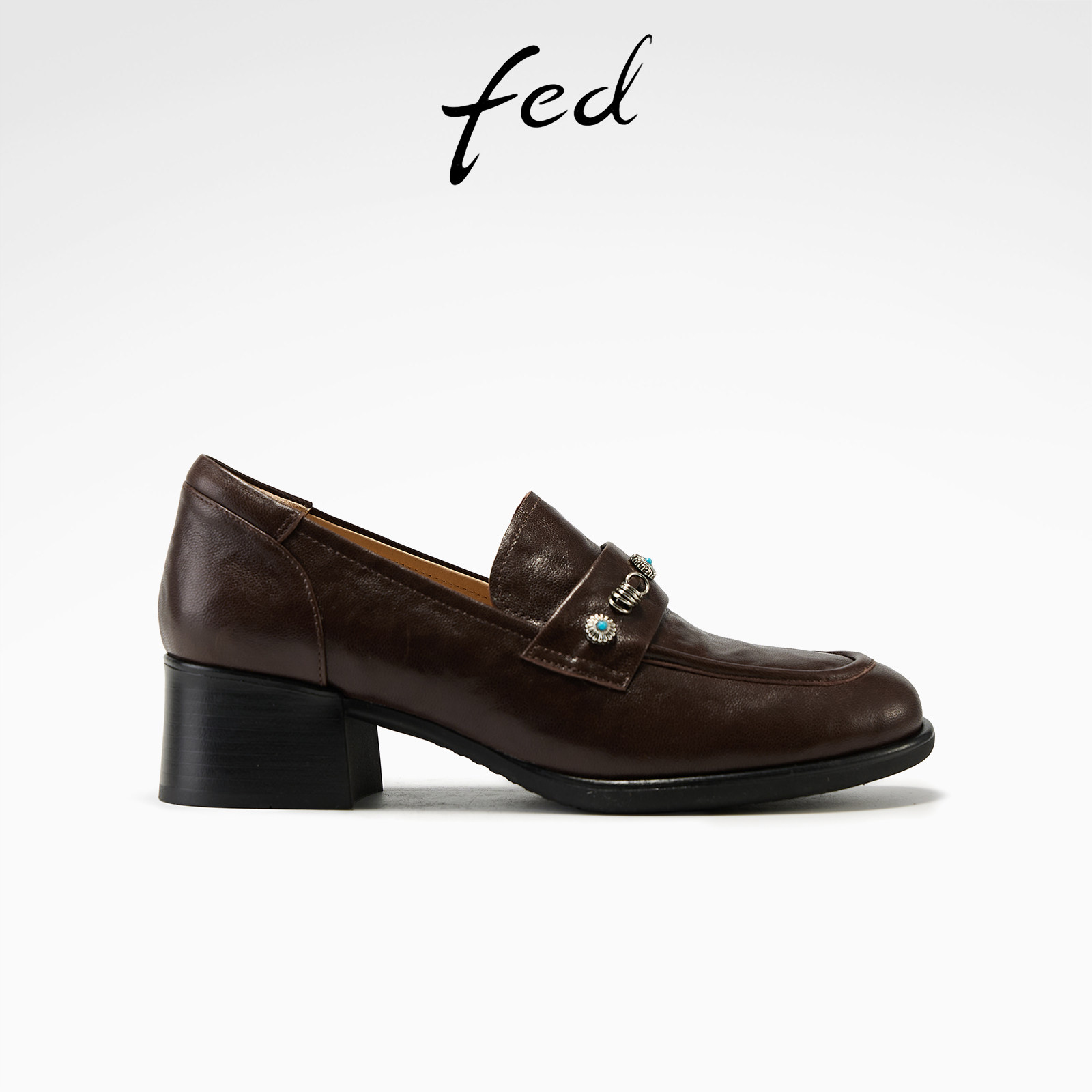 fed高跟小皮鞋春季新款女鞋褐光镶韵单鞋真皮复古乐福鞋女款YA112